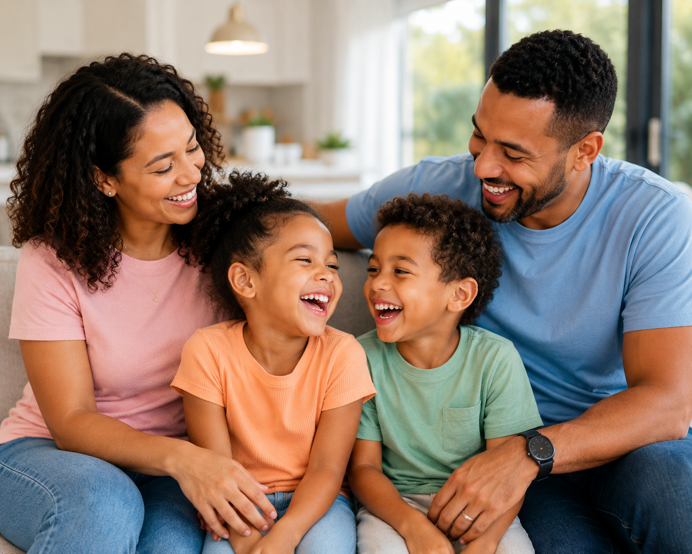 Happy family of four smiling together