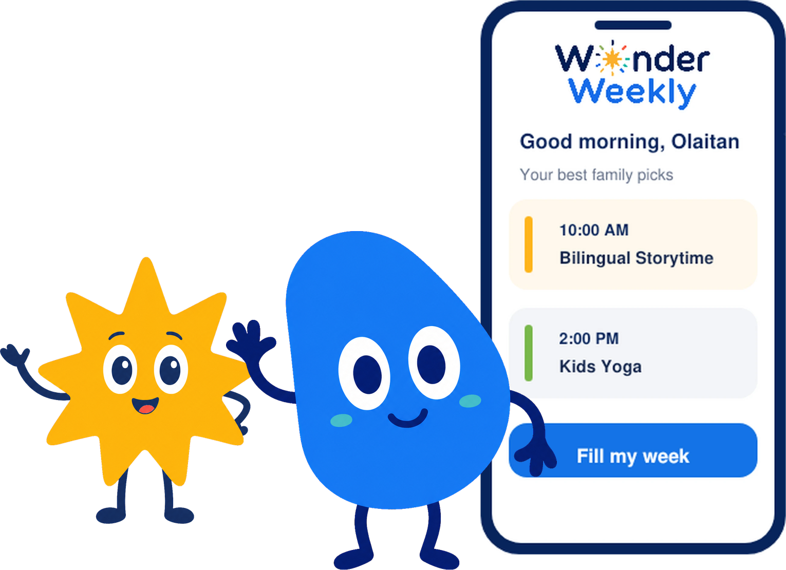 Pebble and Spark, the Wonder Weekly mascots, presenting the Wonder Weekly mobile app